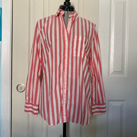 J. Crew - Coral/White Striped High Low Relaxed Fit Button Up Top - XXS - Picture 2 of 9